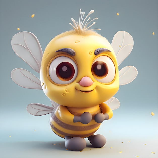 Abeille drôle de bande dessinée avec des ailes sur un rendu 3d de fond gris