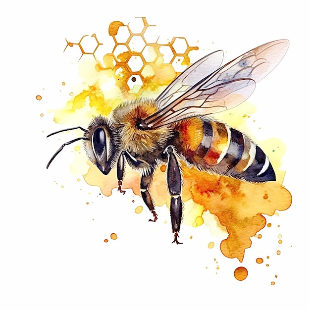 Photo une abeille avec un effet d'aquarelle sur un fond blanc une abeille volante une abeille à l'eau dessinée à la main