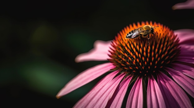 Une abeille est assise sur une fleur avec un fond noir.