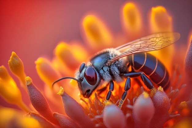 Une abeille est assise sur une fleur à fond rouge.