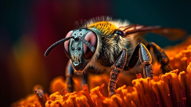 Une abeille est assise sur une fleur à fond rouge.