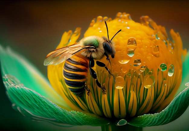 une abeille est assise sur une fleur et recueille du pollen