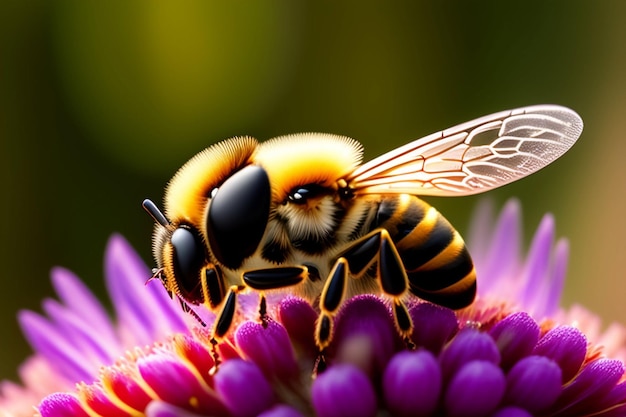 Une abeille est assise sur une fleur violette avec le mot abeille dessus.