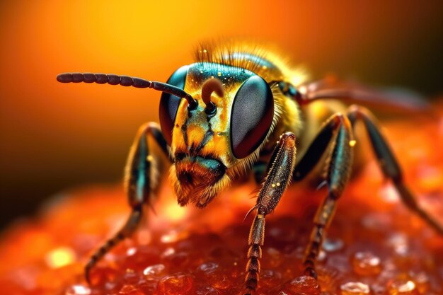 Une abeille est assise sur un fruit orange avec un fond rouge.