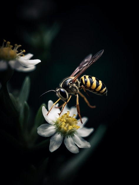 Une abeille est sur une fleur blanche avec un centre jaune.