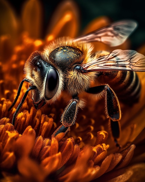 Une abeille est sur une fleur avec un centre jaune.