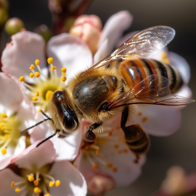 Une abeille est sur une fleur avec un centre jaune.