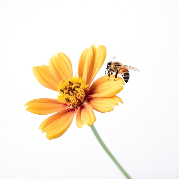 Une abeille est sur une fleur avec un fond blanc.