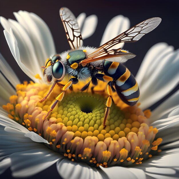 Une abeille est sur une fleur avec le mot abeille dessus