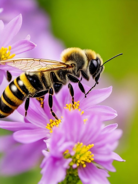 Une abeille est sur une fleur rose avec un fond vert