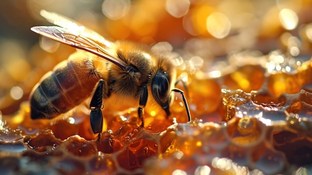 Une abeille est sur un nid d'abeilles avec d'autres abeilles