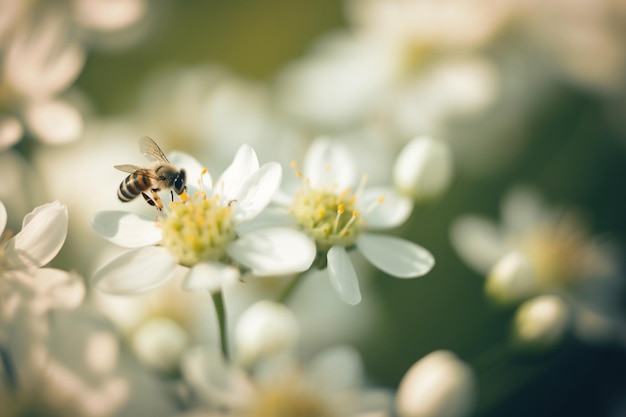 Une abeille est sur le point de récolter du miel sur une fleur blanche