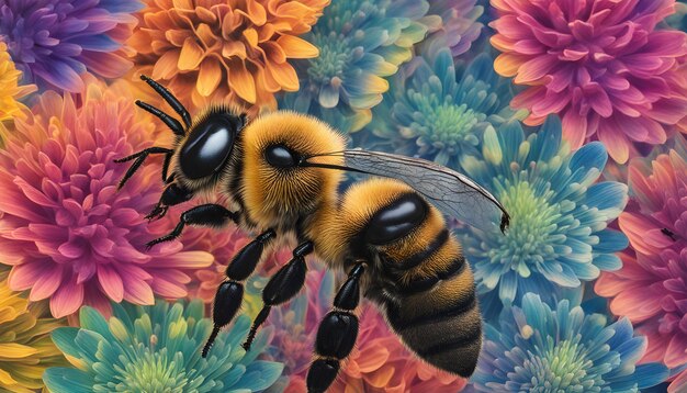 une abeille est représentée sur un fond coloré avec des fleurs et des fleurs