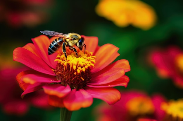 Une abeille sur une fleur avec un arrière-plan flou