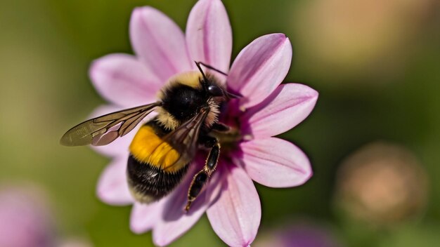 Photo l'abeille sur une fleur d'automne sur le fond de la nature