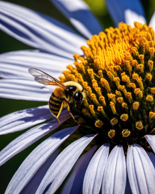 Une abeille sur une fleur avec un centre jaune.