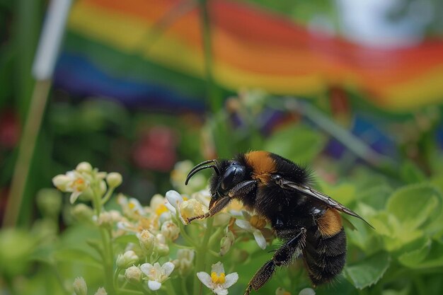 Une abeille sur une fleur dans un jardin avec un drapeau arc-en-ciel en arrière-plan thème d'inclusivité