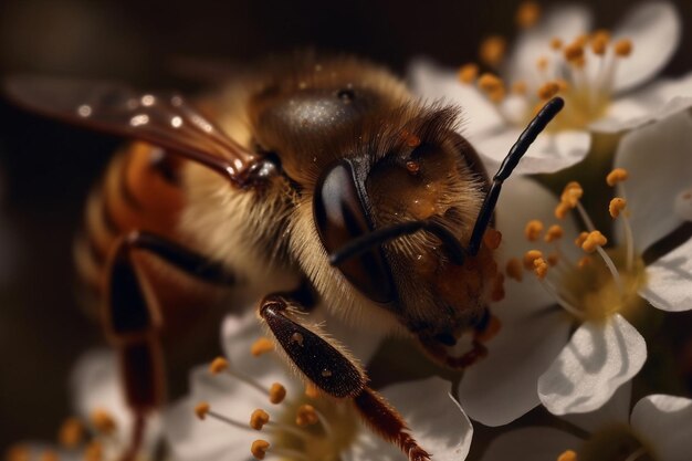 Une abeille avec une fleur dans son bec dort sur une fleur.