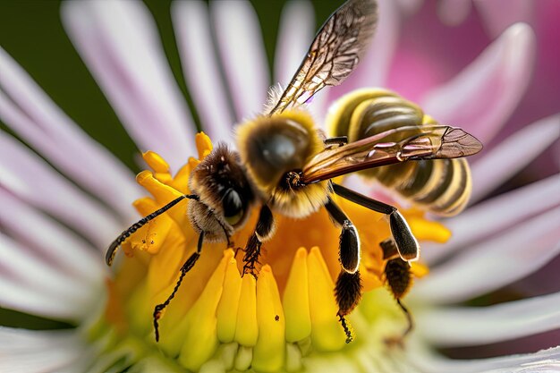 Une abeille sur une fleur avec une fleur rose en arrière-plan