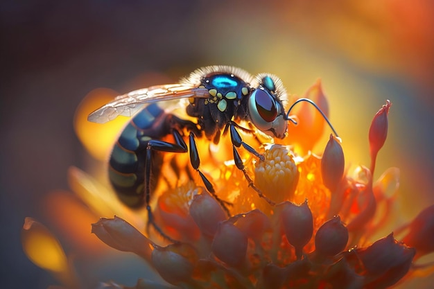 Une abeille sur une fleur à fond jaune