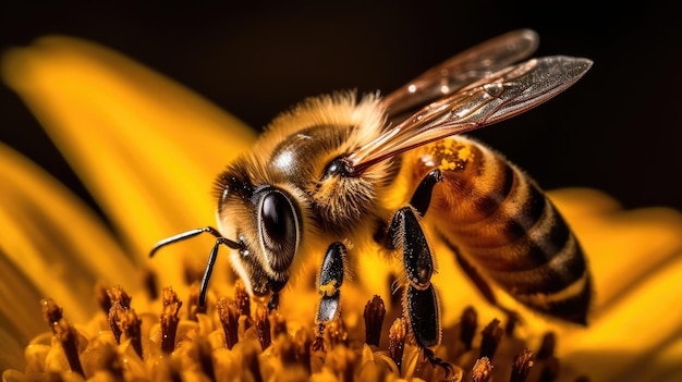 Une abeille sur une fleur à fond jaune