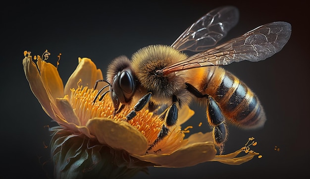 Photo une abeille sur une fleur avec un fond noir