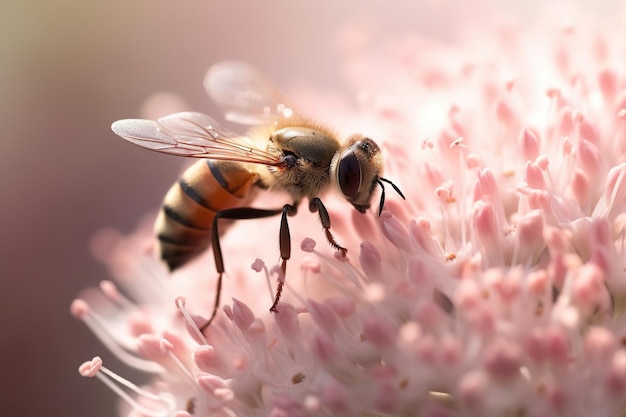 Une abeille sur une fleur avec un fond rose