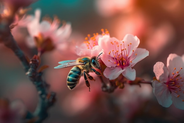 Une abeille sur une fleur avec un fond rose