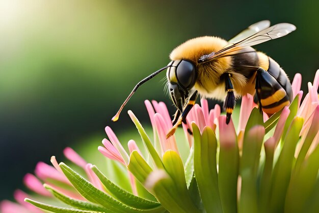 Une abeille sur une fleur avec un fond vert