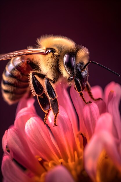 Une abeille sur une fleur avec un fond violet