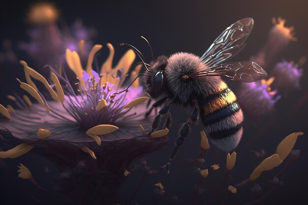 Une abeille sur une fleur avec un fond violet