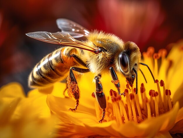 Une abeille sur une fleur jaune avec le mot miel dessus