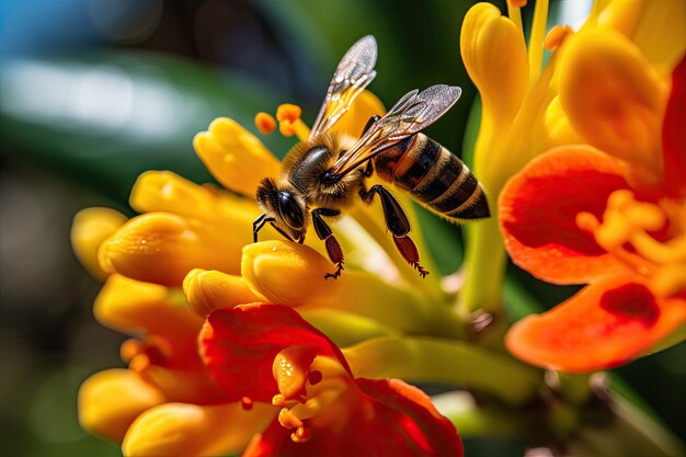 Une abeille sur une fleur jaune et rouge