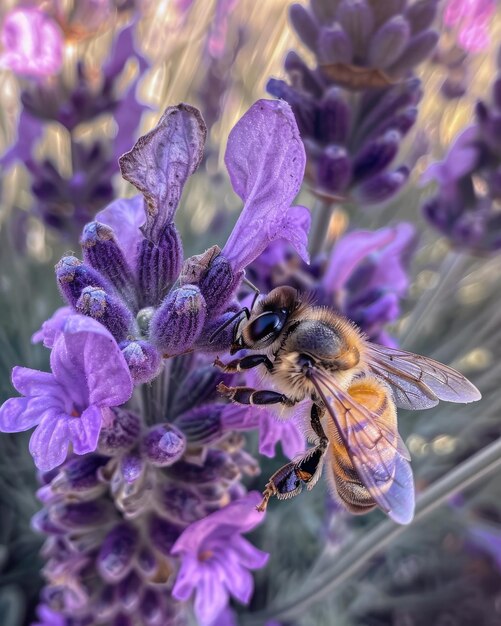 Une abeille sur une fleur de lavande violette dans la prairie.