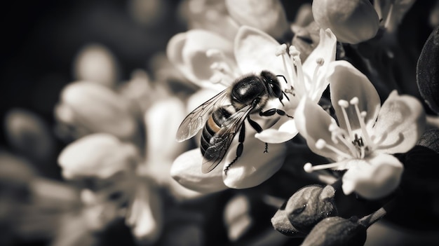 Abeille sur une fleur en noir et blanc