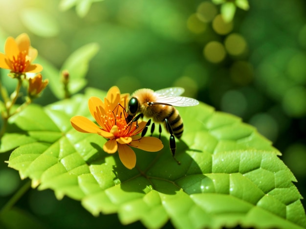 Photo une abeille sur une fleur avec le soleil brillant à travers les feuilles