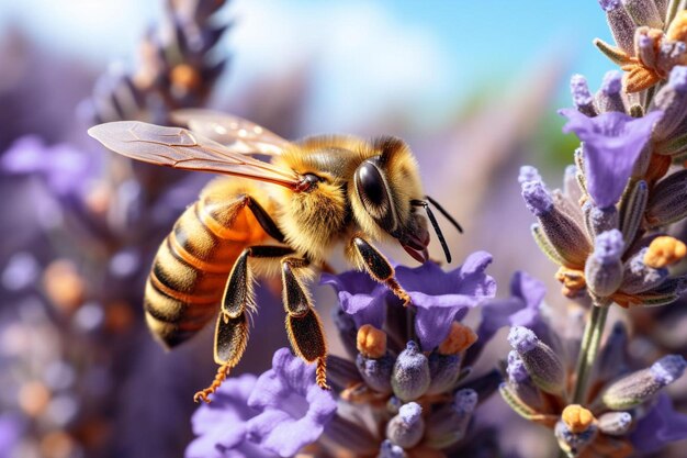 Abeille sur une fleur violette avec un ciel bleu en arrière-plan