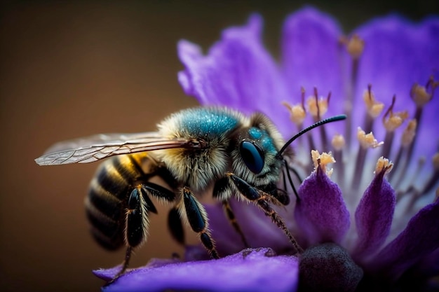 Une abeille sur une fleur violette avec une fleur bleue en arrière-plan.