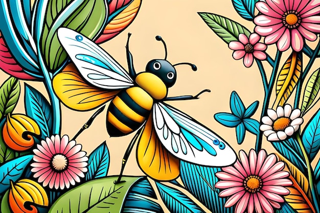 Une abeille avec des fleurs et des fleurs