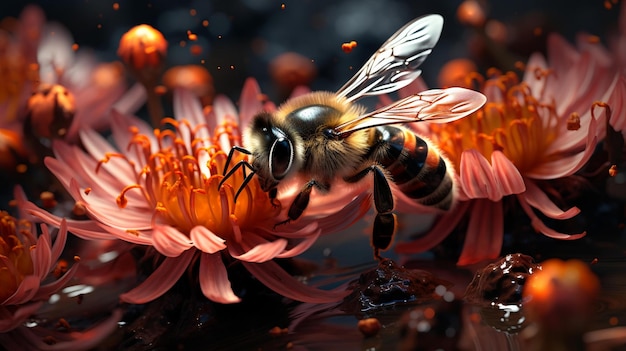 sur une abeille à fleurs roses