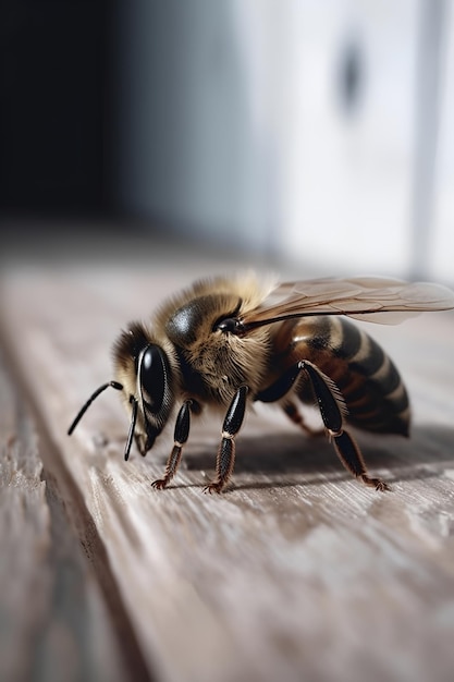 Abeille sur fond en bois blanc ai