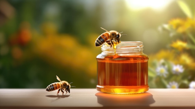 Une abeille en gros plan assise sur un pot de miel avec un fond naturel