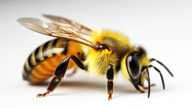 Une abeille gros plan sur fond blanc