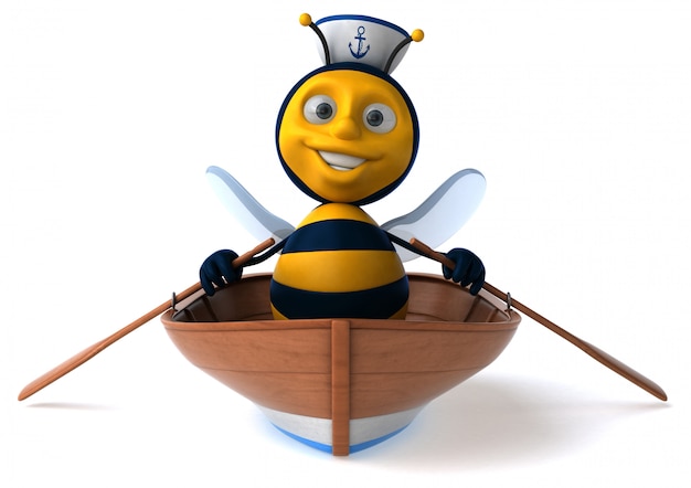 Abeille illustrée amusante dans un bateau avec un chapeau de marin aviron