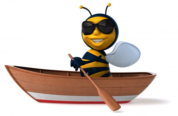 Abeille illustrée amusante dans un bateau avec des lunettes de soleil aviron