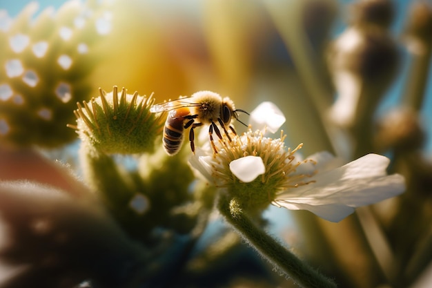 Abeille à miel collectant du pollen d'abeille à partir d'une fleur de fleur blanche au soleil