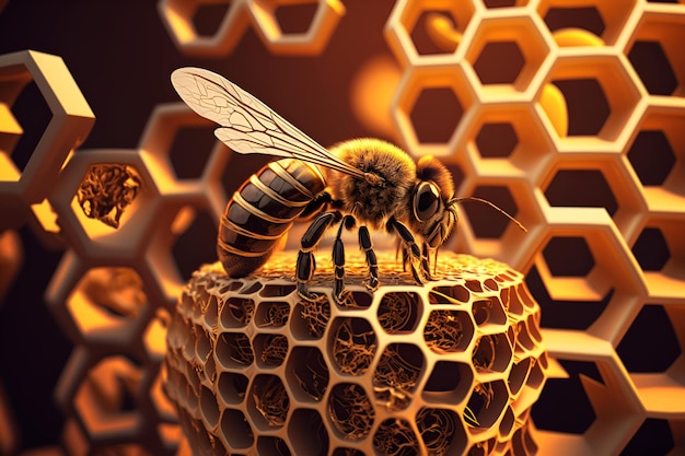 Abeille à miel avec fond en nid d'abeille doré à contraste élevé