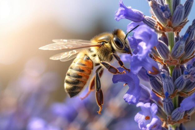 Abeille à miel occidentale en fleur pourpre