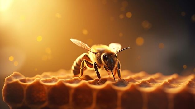 Une abeille sur un nid d'abeille dans les rayons du soleil concept de gros plan de miel d'abeilles