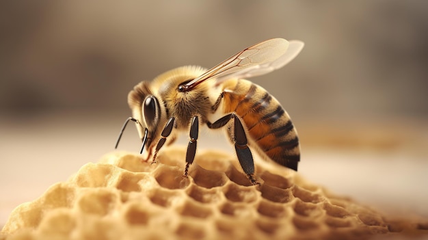 Une abeille sur un nid d'abeille dans les rayons du soleil concept de gros plan de miel d'abeilles